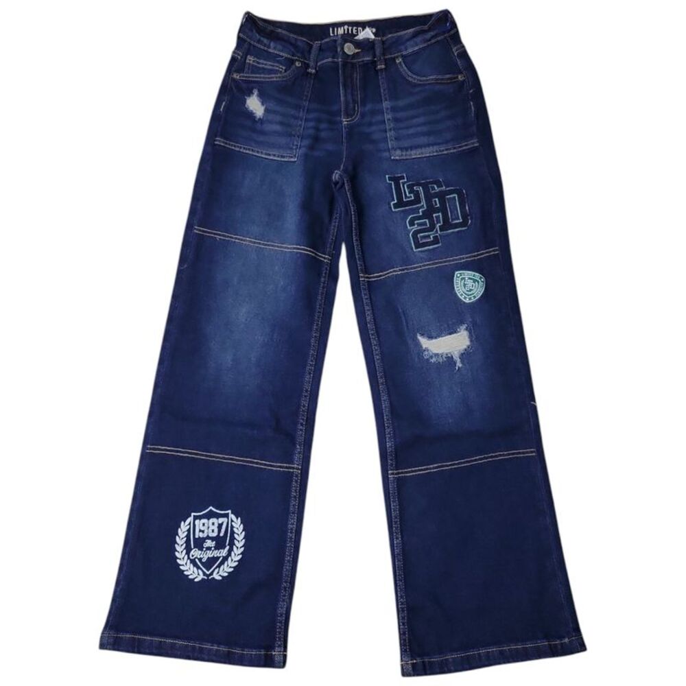 Limited Too Girls Decorative Patches Zip & Button Straight Leg Denim - Dark Wash